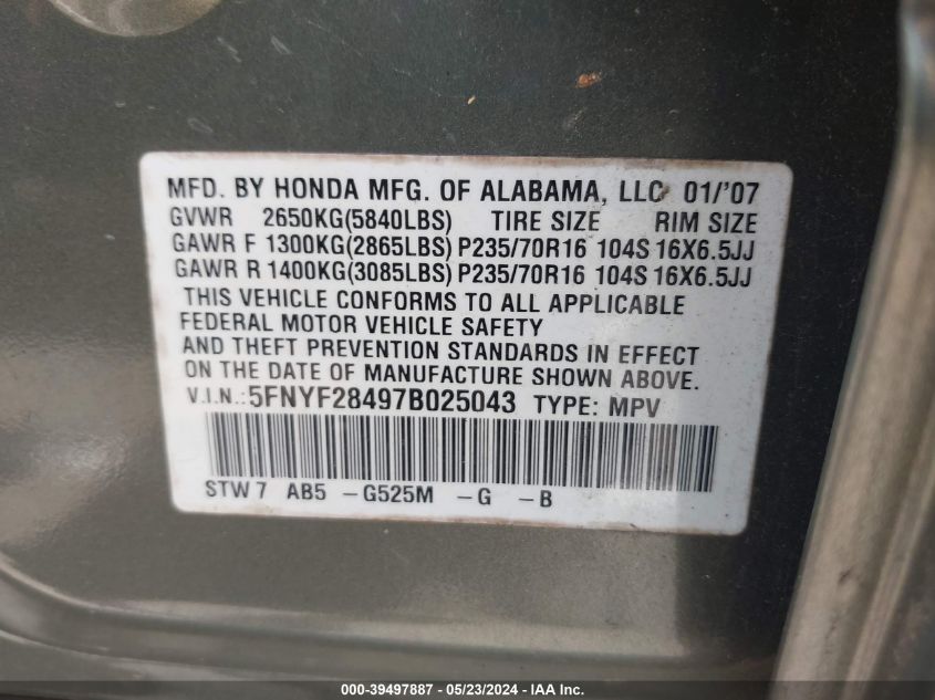2007 Honda Pilot Ex VIN: 5FNYF28497B025043 Lot: 39497887