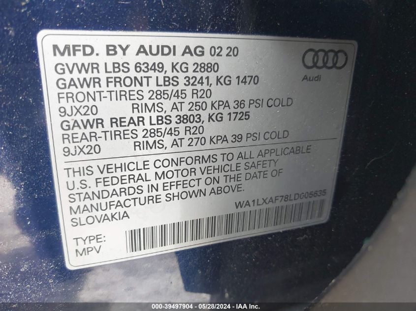 2020 Audi Q7 Premium Plus 55 Tfsi Quattro Tiptronic VIN: WA1LXAF78LD005635 Lot: 39497904