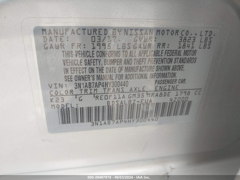 2017 Nissan Sentra S VIN: 3N1AB7AP4HY300440 Lot: 39497918
