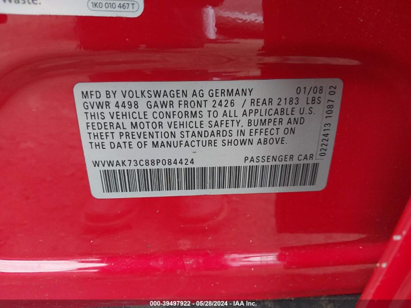 2008 Volkswagen Passat Komfort VIN: WVWAK73C88P084424 Lot: 39497922