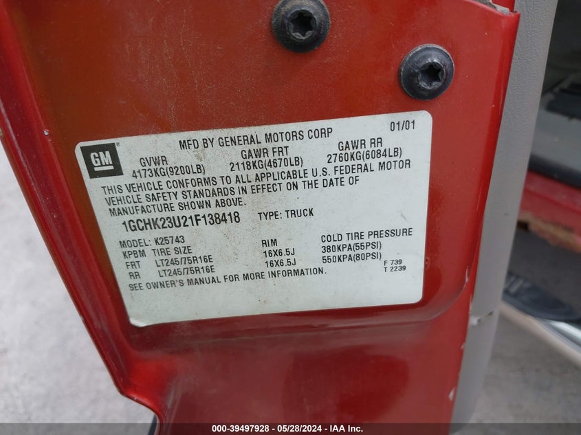 2001 Chevrolet Silverado K2500 Heavy Duty VIN: 1GCHK23U21F138418 Lot: 39497928