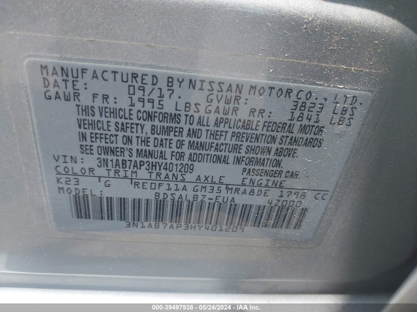 2017 Nissan Sentra S VIN: 3N1AB7AP3HY401209 Lot: 39497938