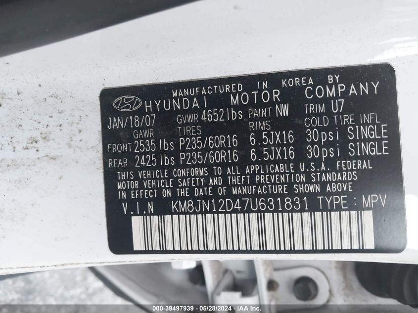 2007 Hyundai Tucson Limited/Se VIN: KM8JN12D47U631831 Lot: 39497939