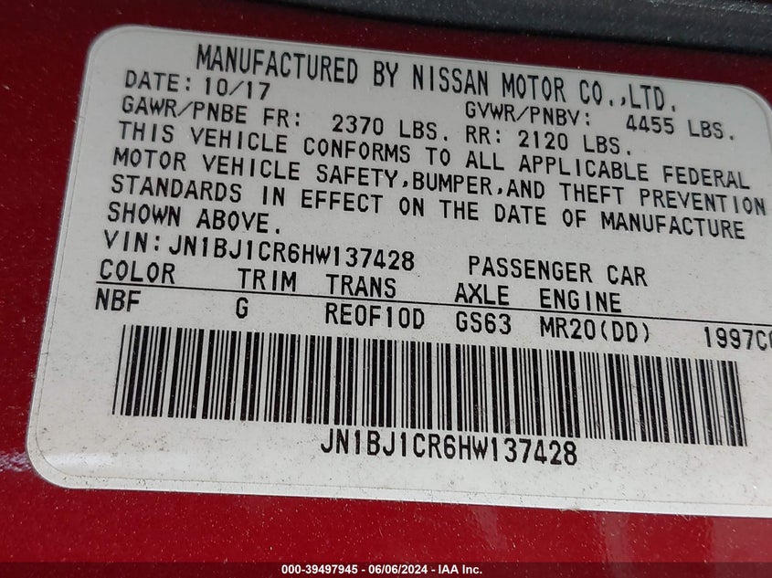 2017 Nissan Rogue Sport Sl VIN: JN1BJ1CR6HW137428 Lot: 39497945