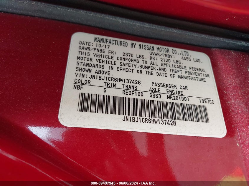 2017 Nissan Rogue Sport Sl VIN: JN1BJ1CR6HW137428 Lot: 39497945