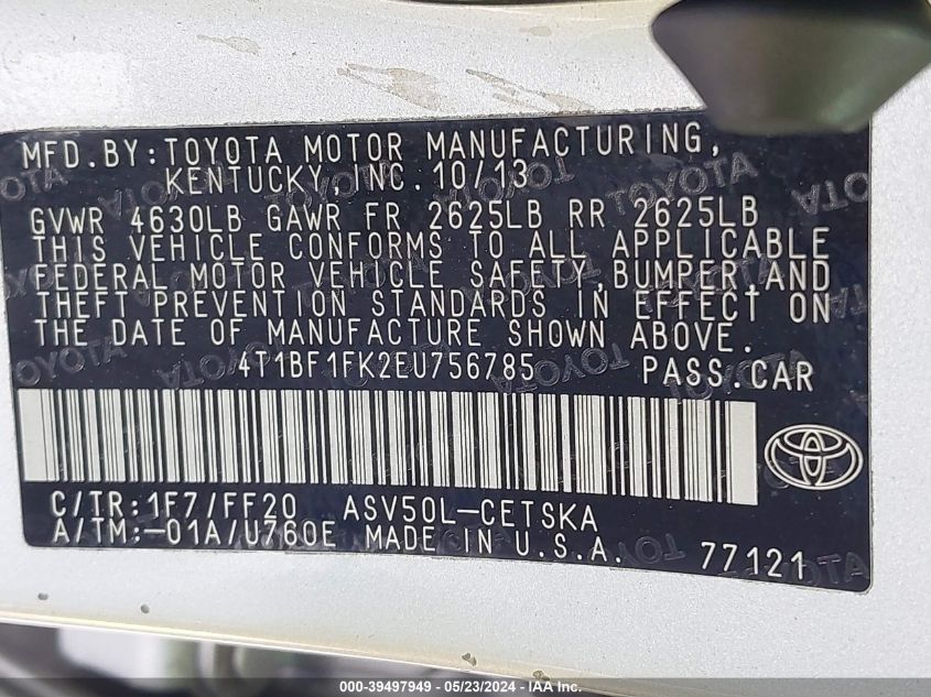 2014 Toyota Camry Se VIN: 4T1BF1FK2EU756785 Lot: 39497949