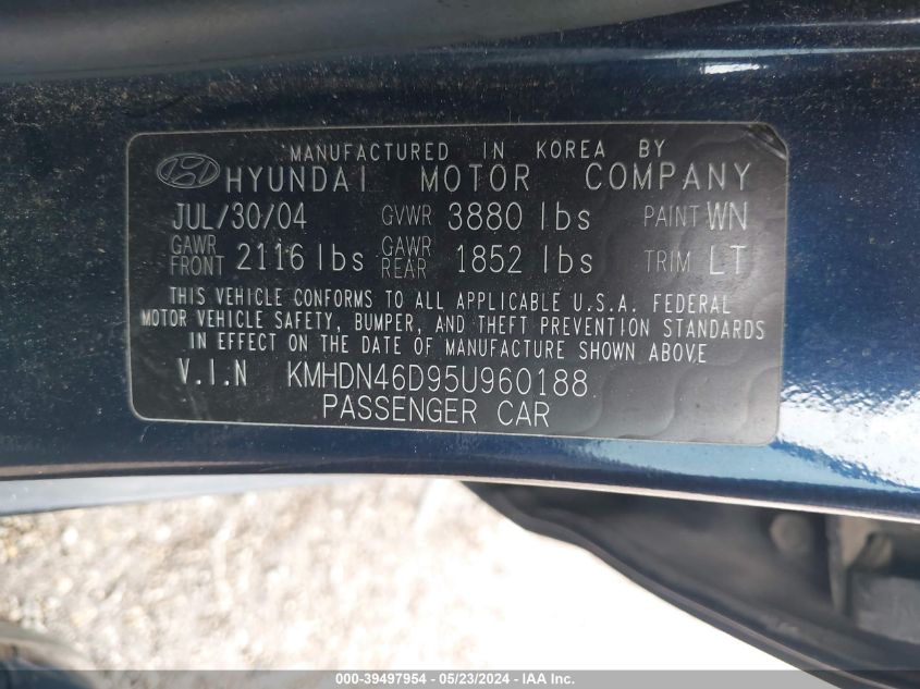 2005 Hyundai Elantra Gls/Gt VIN: KMHDN46D95U960188 Lot: 39497954