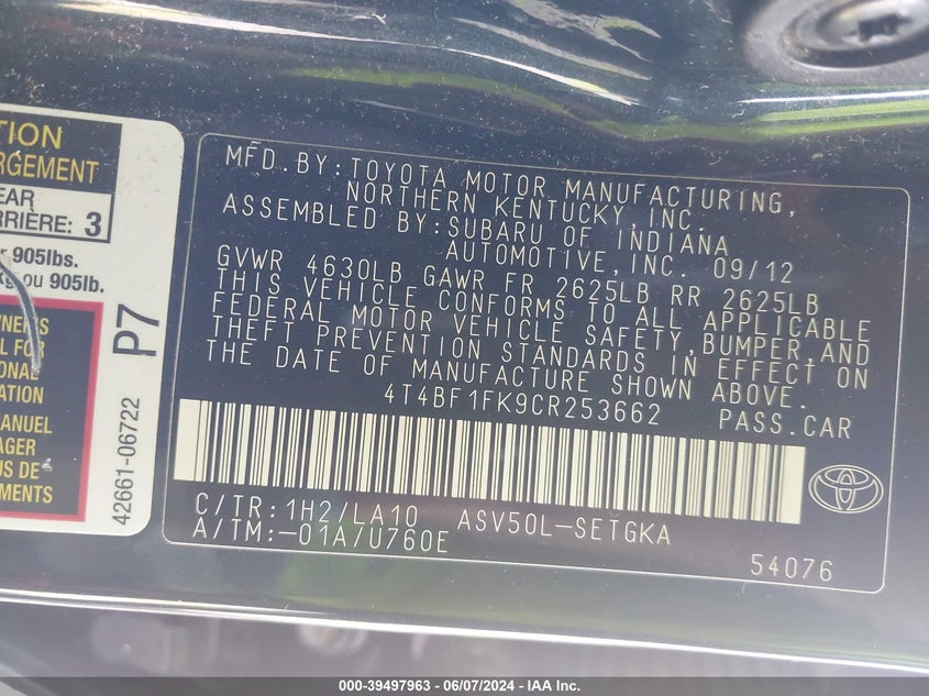 2012 Toyota Camry Xle VIN: 4T4BF1FK9CR253662 Lot: 39497963