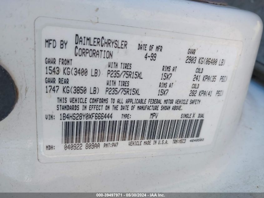 1999 Dodge Durango VIN: 1B4HS28Y0XF666444 Lot: 39497971