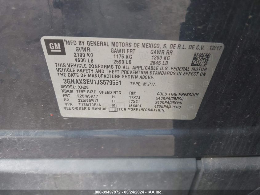 2018 Chevrolet Equinox Lt VIN: 3GNAXSEV1JS579551 Lot: 39497972