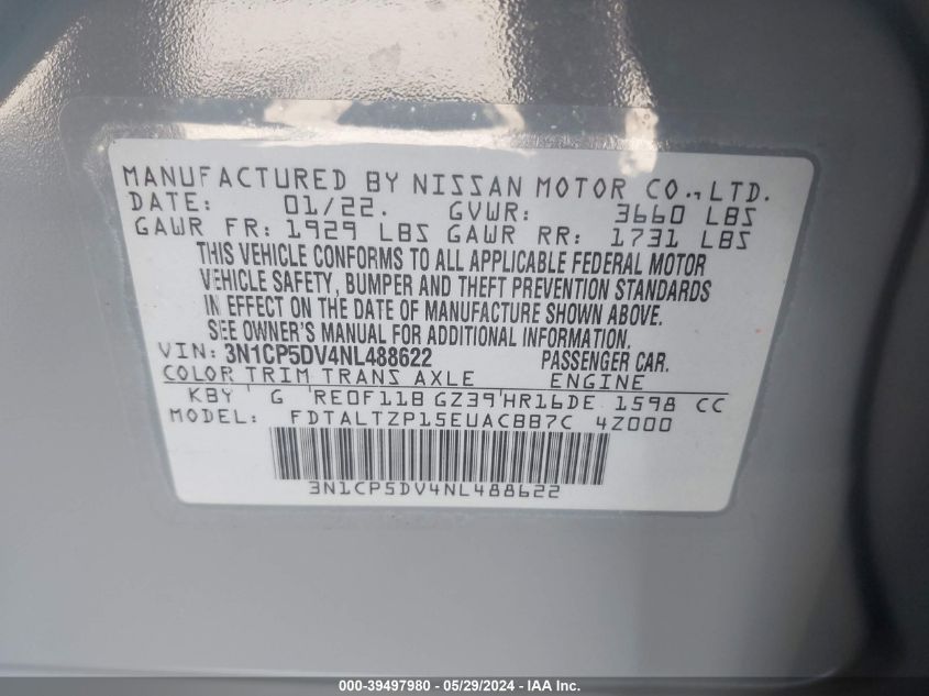 2022 Nissan Kicks Sr Xtronic Cvt VIN: 3N1CP5DV4NL488622 Lot: 39497980
