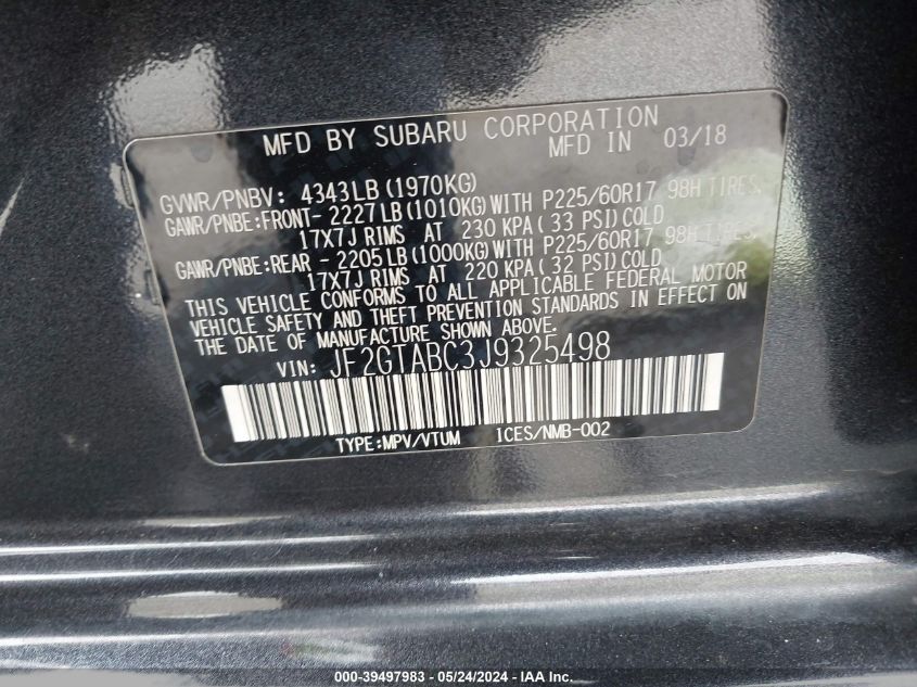 VIN JF2GTABC3J9325498 2018 SUBARU CROSSTREK 2.0I PREMIUM