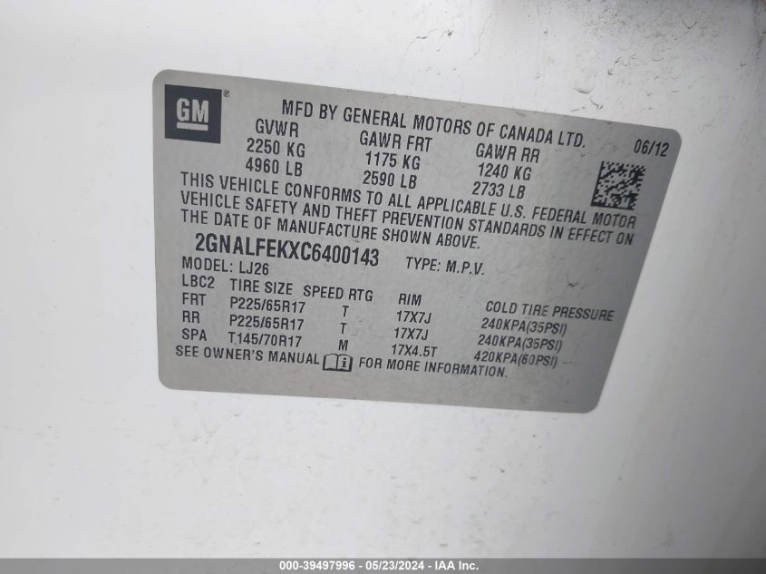 2012 Chevrolet Equinox Ltz VIN: 2GNALFEKXC6400143 Lot: 39497996