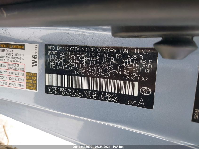 2008 Scion Tc VIN: JTKDE167680262011 Lot: 39498000