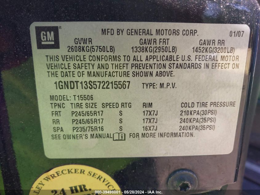 2007 Chevrolet Trailblazer Lt VIN: 1GNDT13S572215567 Lot: 39498001