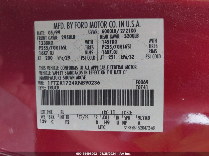 1999 Ford F-150 Work Series/Xl/Xlt VIN: 1FTZX1724XNB90236 Lot: 39498002