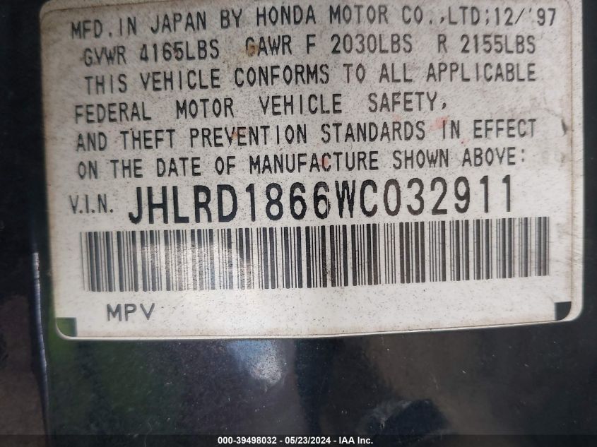 1998 Honda Cr-V Ex VIN: JHLRD1866WC032911 Lot: 39498032