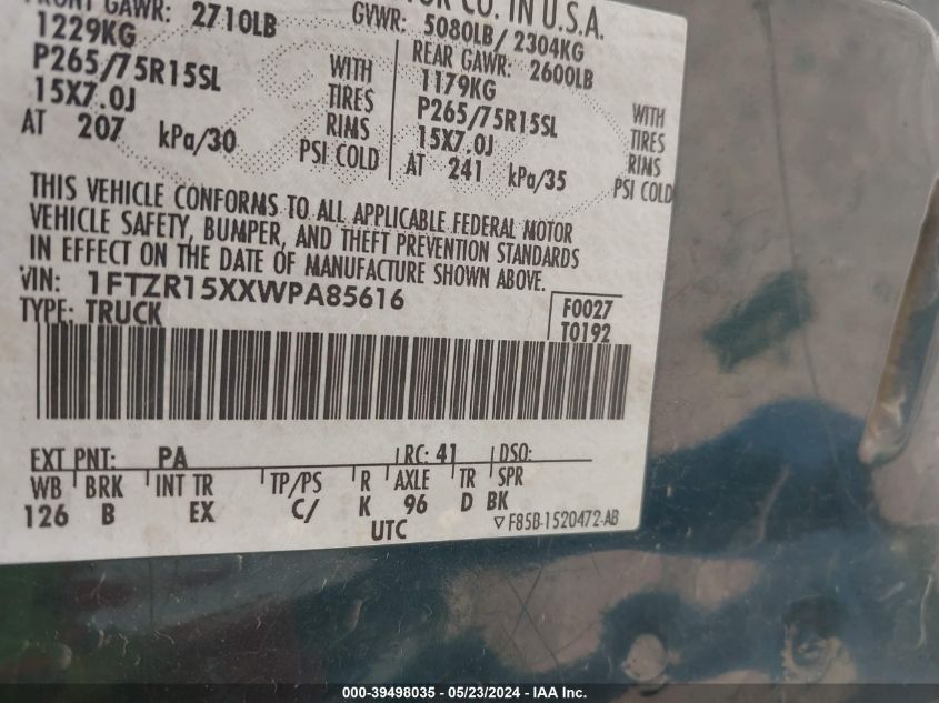 1998 Ford Ranger Splash/Xl/Xlt VIN: 1FTZR15XXWPA85616 Lot: 39498035