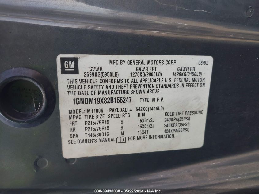 2002 Chevrolet Astro Ls VIN: 1GNDM19X82B156247 Lot: 39498038