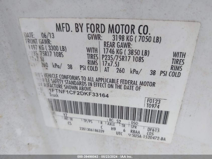 2013 Ford F-150 Xl VIN: 1FTNF1CF2DKF33164 Lot: 39498043