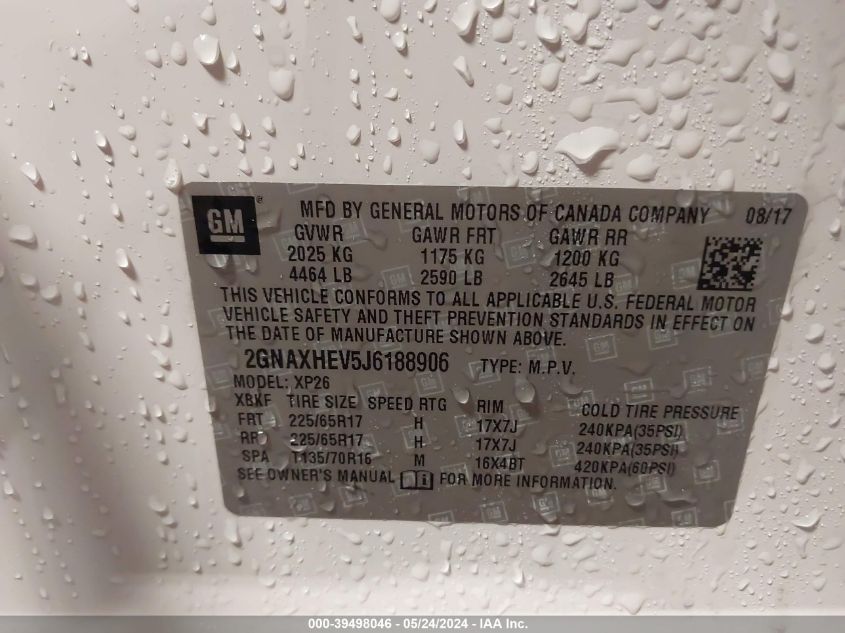 2018 Chevrolet Equinox Ls VIN: 2GNAXHEV5J6188906 Lot: 39498046