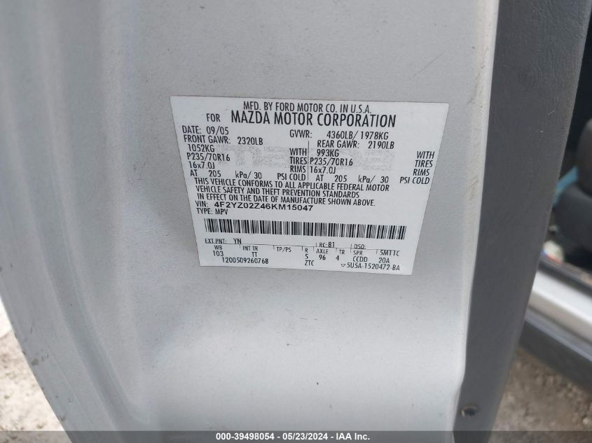 2006 Mazda Tribute I VIN: 4F2YZ02Z46KM15047 Lot: 39498054