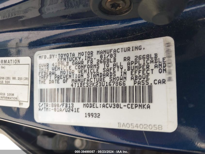 2003 Toyota Camry Le VIN: 4T1BE32K23U167866 Lot: 39498057