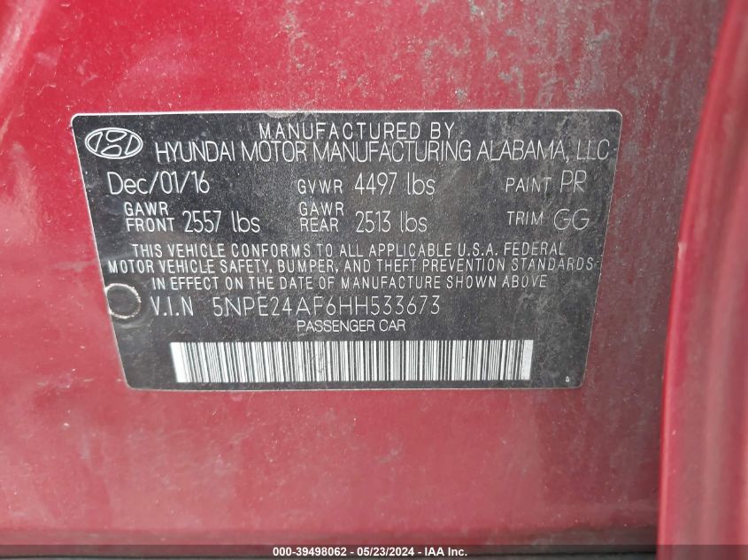 2017 Hyundai Sonata VIN: 5NPE24AF6HH533673 Lot: 39498062