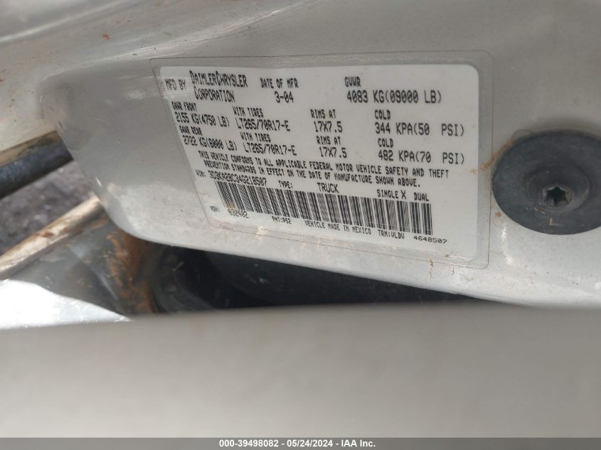 2004 Dodge Ram 2500 Slt/Laramie VIN: 3D3KA28C34G218507 Lot: 39498082