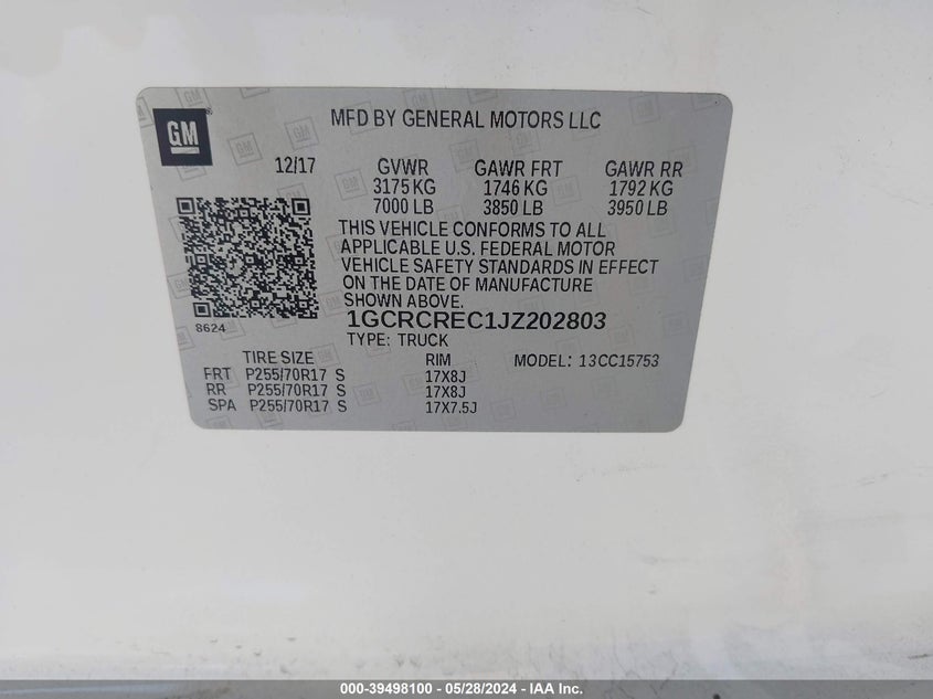 2018 Chevrolet Silverado 1500 1Lt VIN: 1GCRCREC1JZ202803 Lot: 39498100