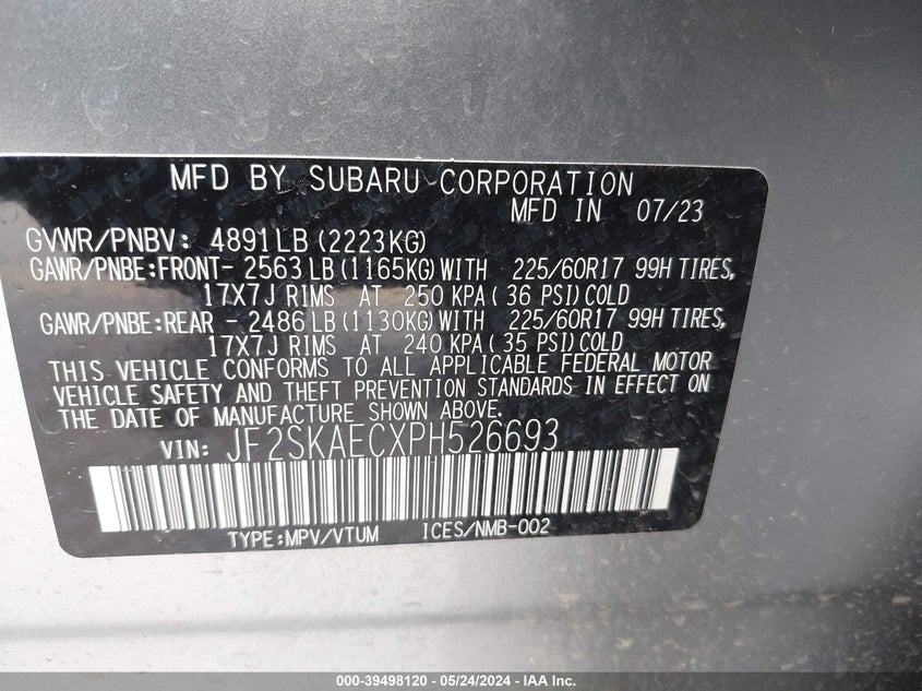 2023 Subaru Forester Premium VIN: JF2SKAECXPH526693 Lot: 39498120