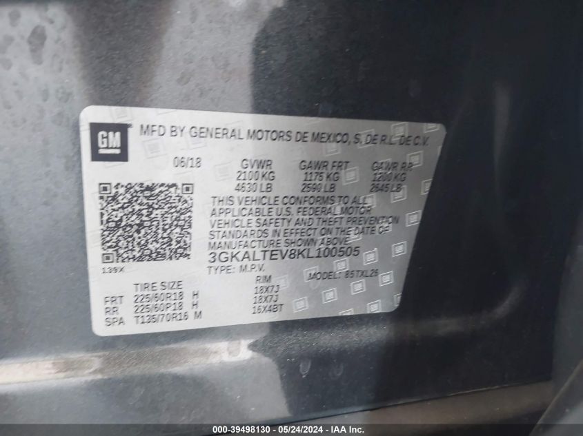 2019 GMC Terrain Sle VIN: 3GKALTEV8KL100505 Lot: 39498130