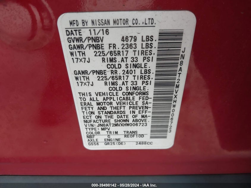 2017 Nissan Rogue S VIN: JN8AT2MVXHW006723 Lot: 39498142