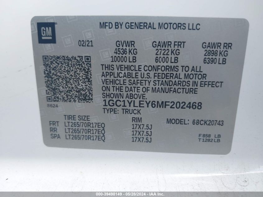 2021 Chevrolet Silverado 2500Hd 4Wd Standard Bed Wt VIN: 1GC1YLEY6MF202468 Lot: 39498149