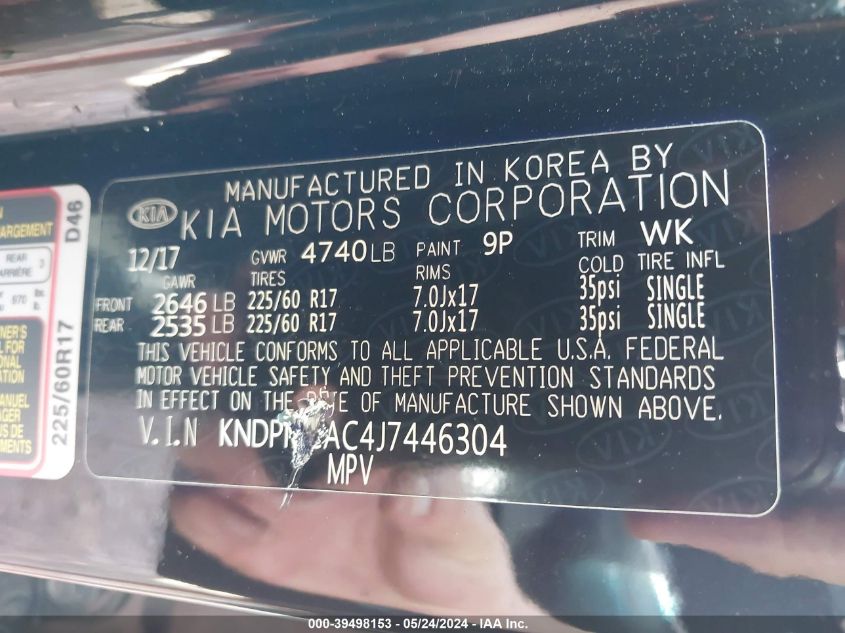 2018 Kia Sportage Lx VIN: KNDPMCAC4J7446304 Lot: 39498153