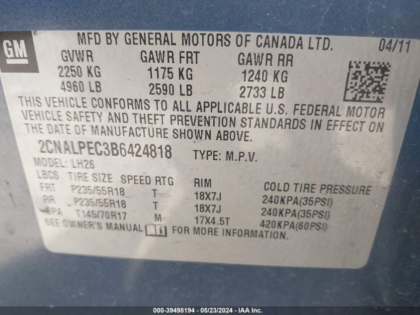 2011 Chevrolet Equinox 2Lt VIN: 2CNALPEC3B6424818 Lot: 39498194