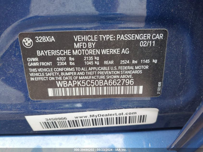 2011 BMW 328I xDrive VIN: WBAPK5C50BA662796 Lot: 39498202