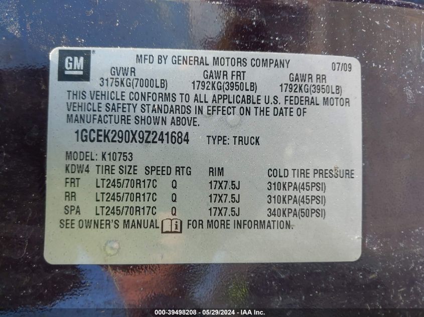 2009 Chevrolet Silverado 1500 Lt VIN: 1GCEK290X9Z241684 Lot: 39498208
