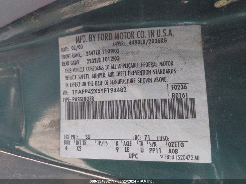 2000 Ford Mustang Gt VIN: 1FAFP42X5YF194482 Lot: 39498211