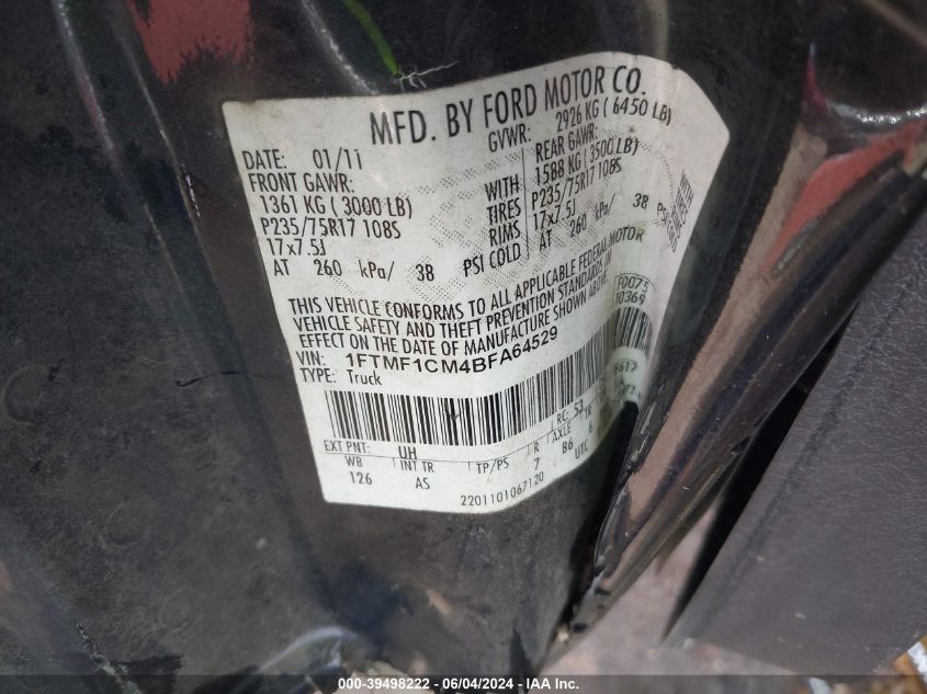 2011 Ford F-150 Xl VIN: 1FTMF1CM4BFA64529 Lot: 39498222