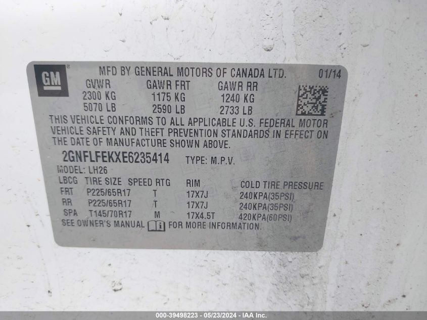 2014 Chevrolet Equinox 1Lt VIN: 2GNFLFEKXE6235414 Lot: 39498223