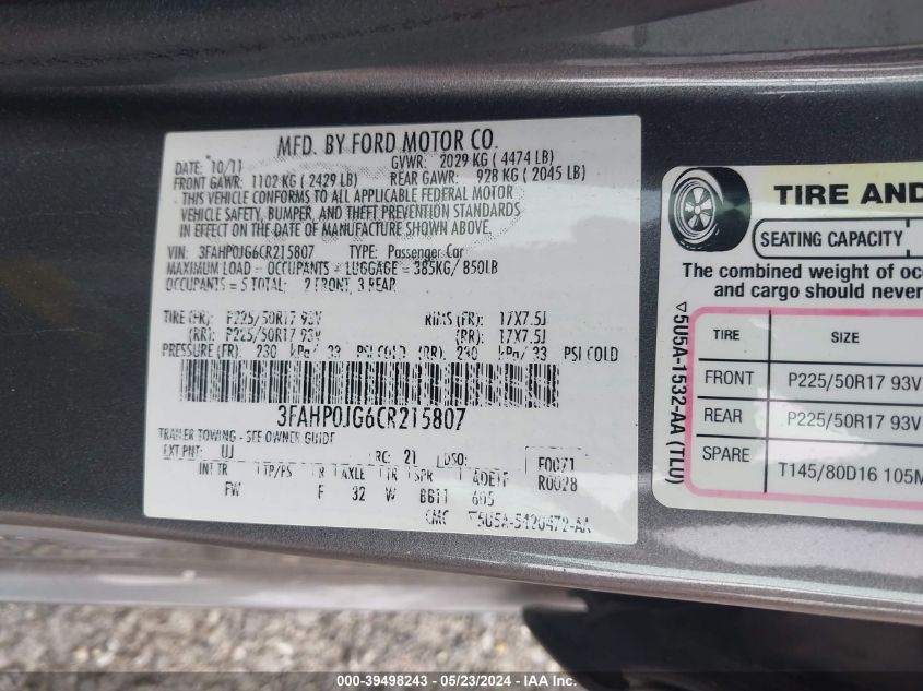 2012 Ford Fusion Sel VIN: 3FAHP0JG6CR215807 Lot: 39498243