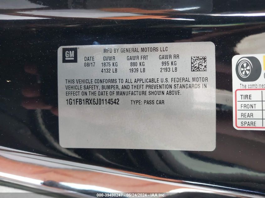 2018 Chevrolet Camaro 1Lt VIN: 1G1FB1RX6J0114542 Lot: 39498247