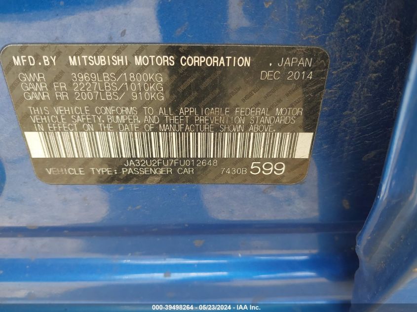 2015 Mitsubishi Lancer Es VIN: JA32U2FU7FU012648 Lot: 39498264