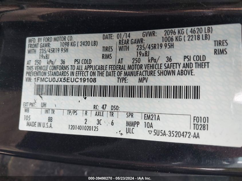 2014 Ford Escape Titanium VIN: 1FMCU0JX5EUC19108 Lot: 39498270