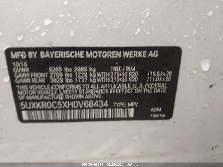2017 BMW X5 xDrive35I VIN: 5UXKR0C5XH0V68434 Lot: 39498277
