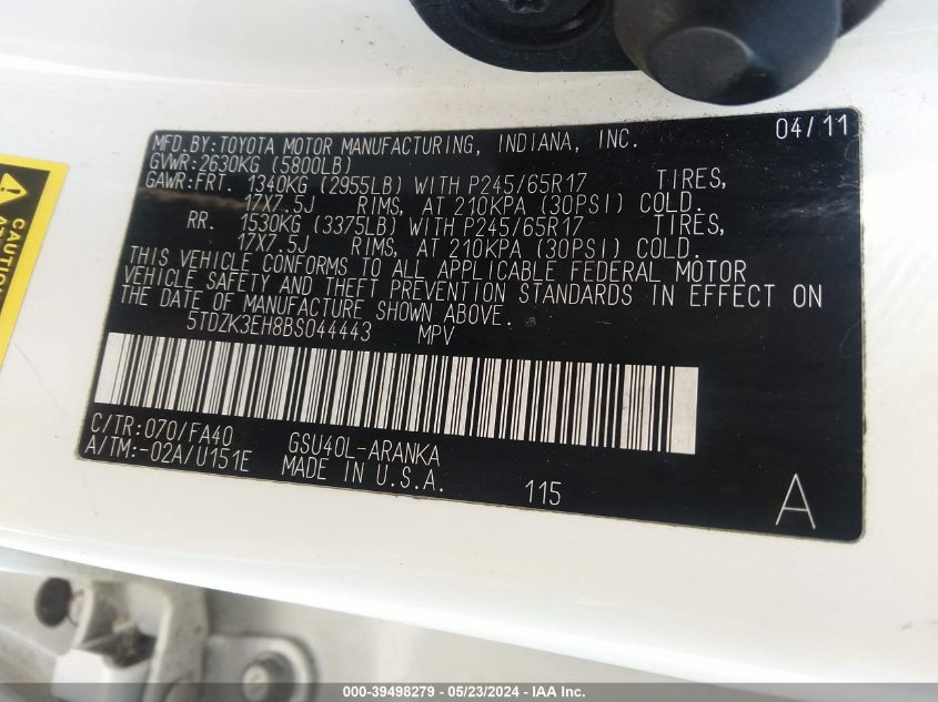 2011 Toyota Highlander Base V6 VIN: 5TDZK3EH8BS044443 Lot: 39498279
