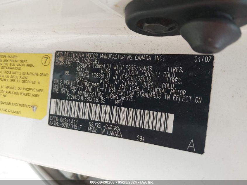 2008 Lexus Rx 350 VIN: 2T2HK31U78C048382 Lot: 39498286