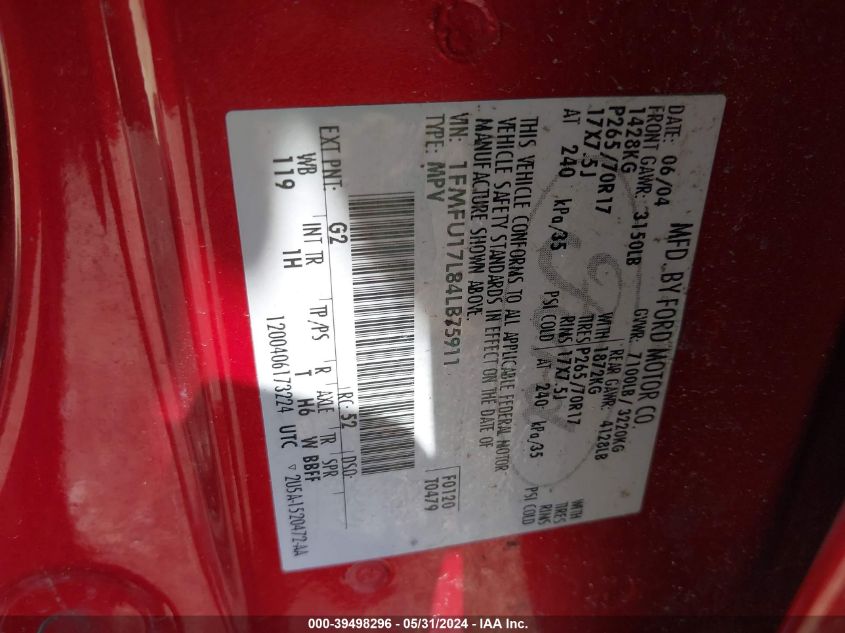 2004 Ford Expedition Eddie Bauer VIN: 1FMFU17L84LB75911 Lot: 39498296