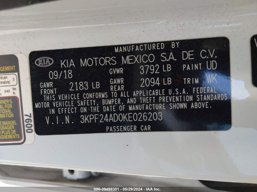 2019 Kia Forte Fe VIN: 3KPF24AD0KE026203 Lot: 39498301